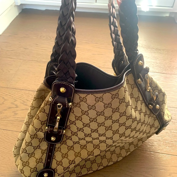 Authentic GUCCI Pelham GG Guccissima & Leather w/ Braided Brown Straps Handbag - Picture 2 of 6